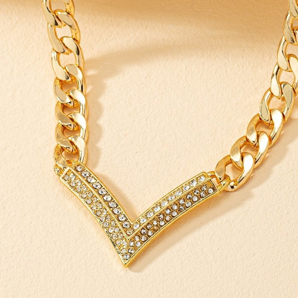 Rhinestone Chunky Chain Necklace, Charm Pendant Trendy dainty Minimalist - Picture 2 of 3